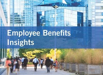 People walk in an outdoor urban area with glass buildings; overlay text reads "Employee Benefits Insights"—a glimpse into the world of corporate law office and Chicago lawyers.