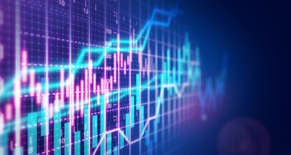 Colorful stock market graph with lines and bar charts on a dark digital background, reflecting fluctuating financial data and trends—ideal for presentations by corporate law offices or lawyers in Chicago discussing market analysis.