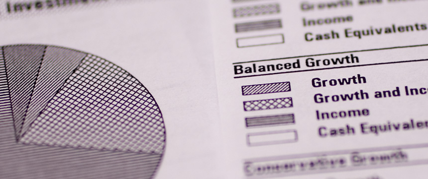 Close-up of a financial document showing part of a pie chart and a legend with categories such as Growth, Growth and Income, Income, and Cash Equivalents at a corporate law office offering litigation support.