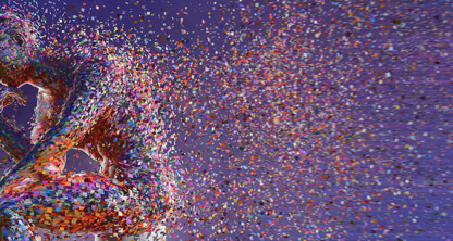 A human figure made of colorful particles sits in a thinking pose, with particles dispersing into the background on a purple gradient—evoking the creativity and innovation vital to chicago lawyers specializing in intellectual property law.