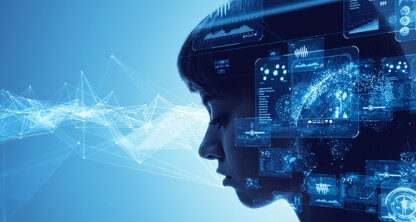 Silhouette of a person's head overlaid with digital data graphics, charts, and network connections, symbolizing artificial intelligence and technology integration in a modern corporate law office or among innovative Chicago lawyers.