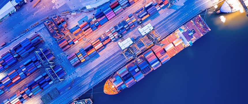 Aerial view of a shipping port with cargo containers stacked on the dock and two large cargo ships docked, illustrating the global logistics that often require litigation support from a corporate law office.