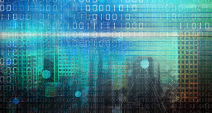 Digital illustration of a cityscape overlaid with binary code and data points, suggesting technology, data analysis, or smart city concepts—ideal for a corporate law office or lawyers in Chicago embracing innovation.