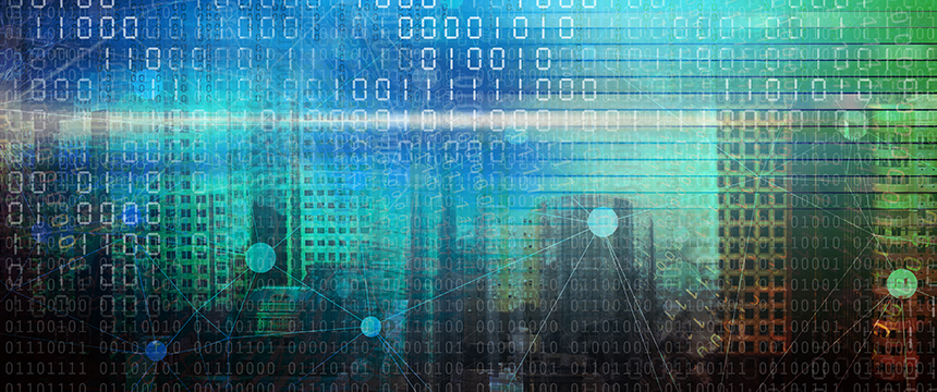 Digital illustration of a cityscape overlaid with binary code and data points, suggesting technology, data analysis, or smart city concepts—ideal for a corporate law office or lawyers in Chicago embracing innovation.
