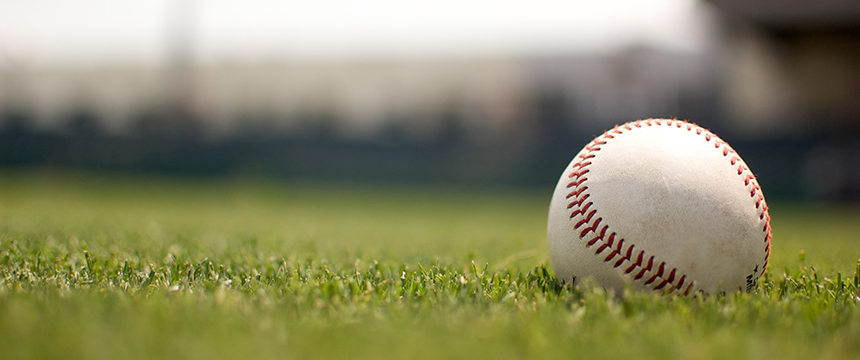 A baseball rests on green grass with a blurred background, reminiscent of a calm break outside bustling Chicago lawyers' law offices.
