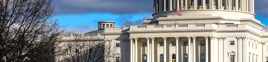 U.S. Capitol building with American flag, columns, and dome, under a partly cloudy sky, with bare tree branches visible on the left—an iconic symbol often associated with intellectual property law in America.