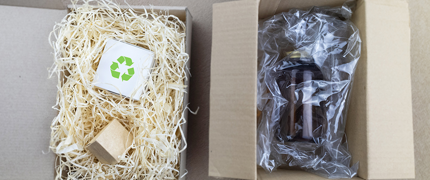 Two cardboard boxes: one with a recyclable symbol on a white box cushioned by straw, the other with a brown bottle secured in plastic packaging—ideal for Chicago lawyers mindful of sustainability and detail in intellectual property law.