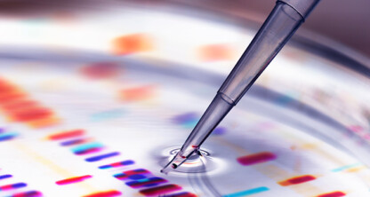 A pipette dispensing liquid onto a petri dish with a colorful DNA sequencing gel pattern in the background, symbolizing innovation and protection—key concerns for intellectual property law experts.