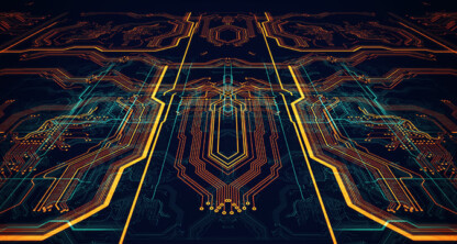 Futuristic digital circuit board with glowing orange and blue lines forming a complex pattern on a dark background, symbolizing advanced litigation support for law offices and lawyers in Chicago.