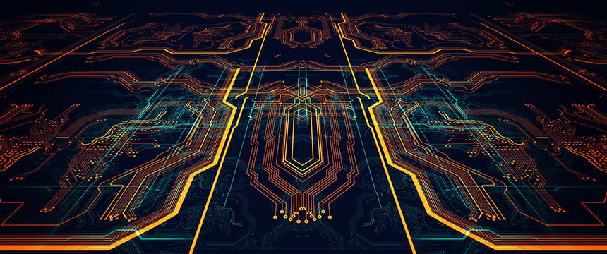 Futuristic digital circuit board with glowing orange and blue lines forming a complex pattern on a dark background, symbolizing advanced litigation support for law offices and lawyers in Chicago.