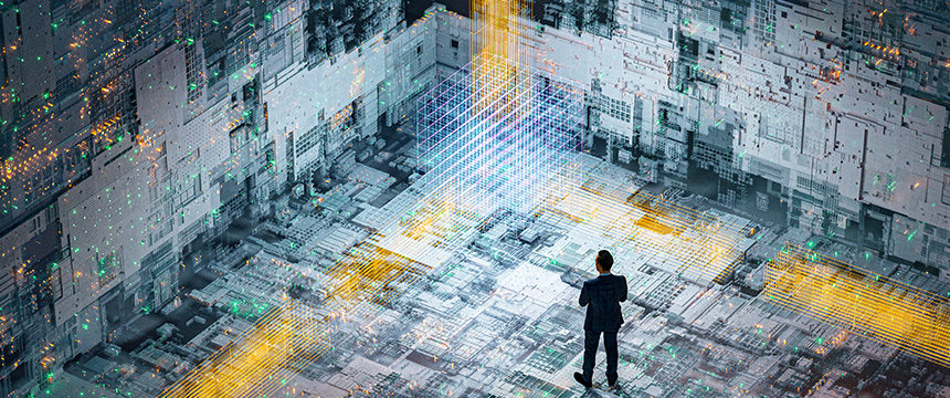 A person in business attire stands in a large, futuristic digital environment with glowing grids and circuit-like patterns, evoking the innovation and complexity of an intellectual property law setting.