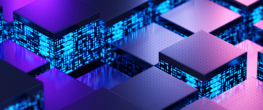 A close-up of abstract, glowing blue and purple cubes with digital patterns, evoking futuristic data or technology blocks—perfect for law offices specializing in intellectual property law.