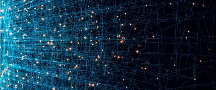 A network of glowing orange dots connected by intersecting blue lines on a dark background, evoking the dynamic connections found in a corporate law office or the digital precision behind litigation support.