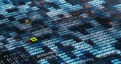 A digital screen displays rows of numbers, codes, and data points in various colors, representing digital information or data processing at a corporate law office staffed by skilled Chicago lawyers.