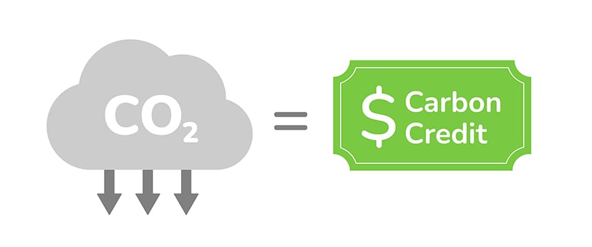 A gray cloud labeled "CO2" with downward arrows is shown equal to a green ticket labeled "Carbon Credit" with a dollar sign, illustrating how lawyers in Chicago can support carbon credit transactions.