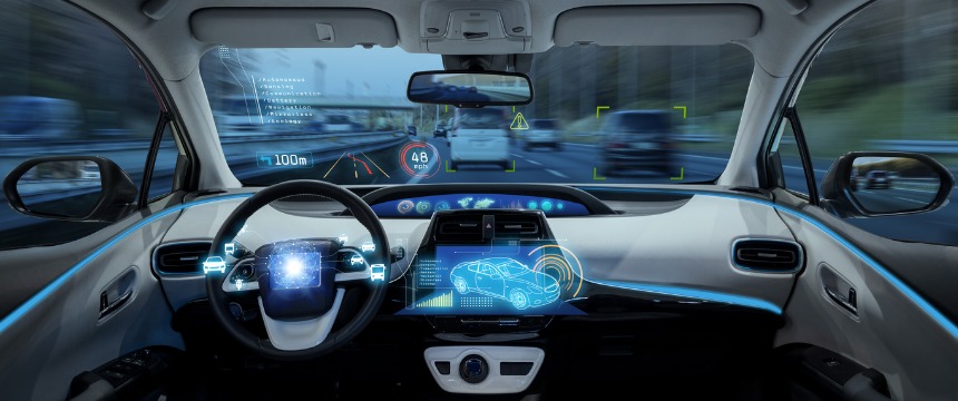 View from inside a modern car with autonomous driving features, showing digital dashboard displays and augmented reality navigation on the windshield—ideal for busy lawyers in Chicago on the move.
