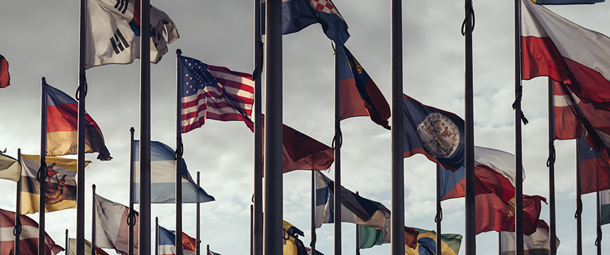 Multiple national flags from different countries are displayed on flagpoles against a cloudy sky, reflecting the international reach of a corporate law office or lawyers in Chicago specializing in global litigation support.
