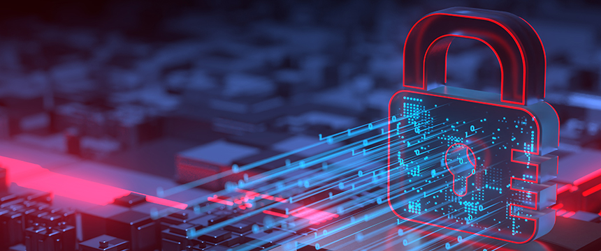 A digital padlock with circuit patterns and light trails symbolizes cybersecurity and data protection for law offices over a blurred cityscape—ideal for Chicago lawyers seeking advanced litigation support.