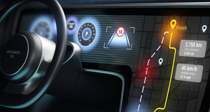 Close-up of a car’s digital dashboard displaying navigation route, speedometer, total distance, and average speed—similar to how law offices offer clear litigation support to guide clients. The steering wheel is partially visible on the left.