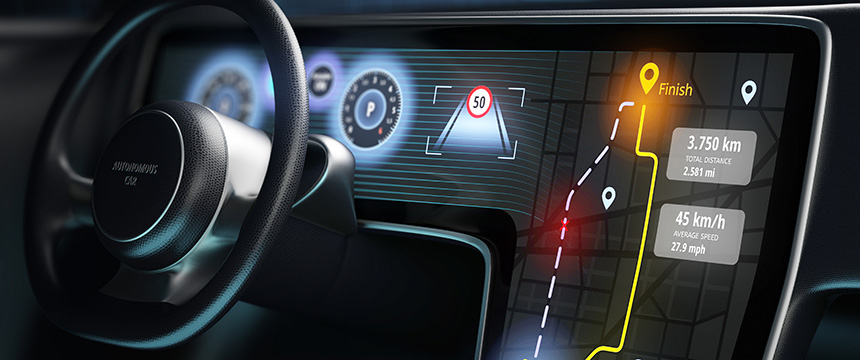 Close-up of a car’s digital dashboard displaying navigation route, speedometer, total distance, and average speed—similar to how law offices offer clear litigation support to guide clients. The steering wheel is partially visible on the left.