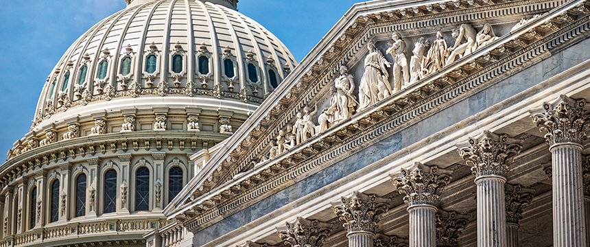 Close-up view of the United States Capitol dome and the decorative façade of its adjacent building, echoing the prestige found in a top corporate law office, with columns and sculpted figures set against a blue sky.