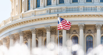 The American flag flies in front of the U.S. Capitol building, its columns and ornate architectural details symbolizing justice—values upheld by law offices and lawyers in Chicago.