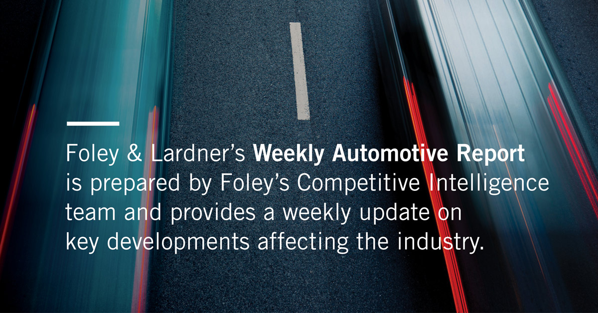 Blurred image of two cars driving on a road with text about Foley & Lardner’s Weekly Automotive Report, featuring Chicago lawyers sharing the latest industry updates and insights.