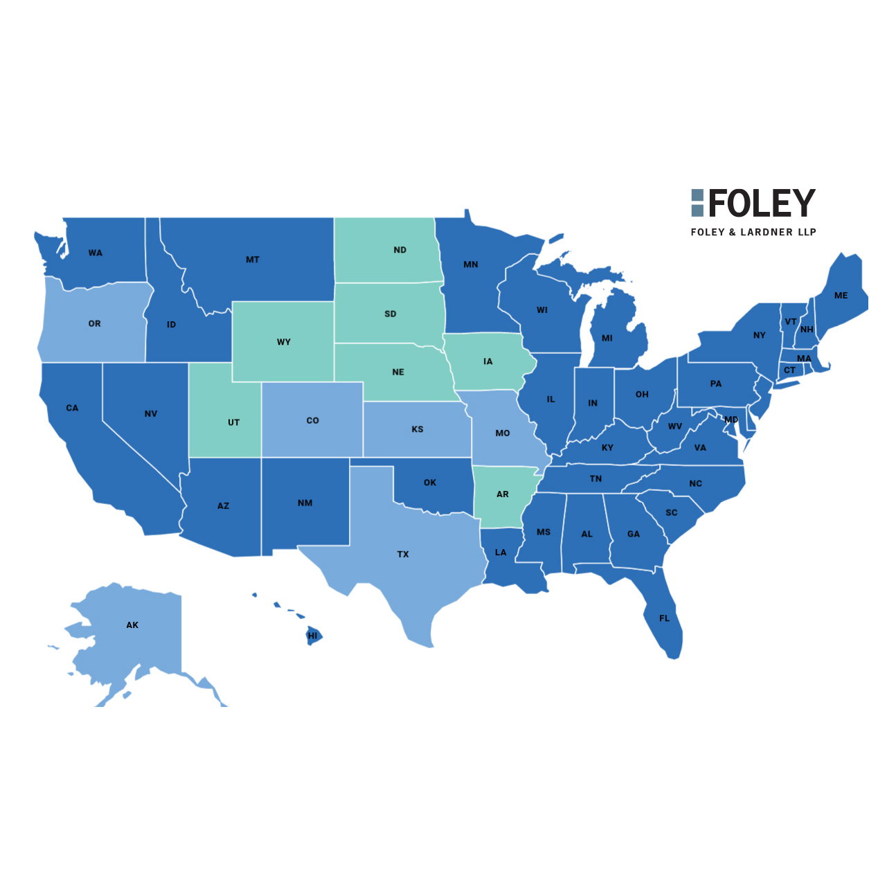 A map of the United States with several states highlighted in a lighter color, featuring the Foley & Lardner LLP logo in the top right corner, represents their extensive network of law offices and litigation support across the country.