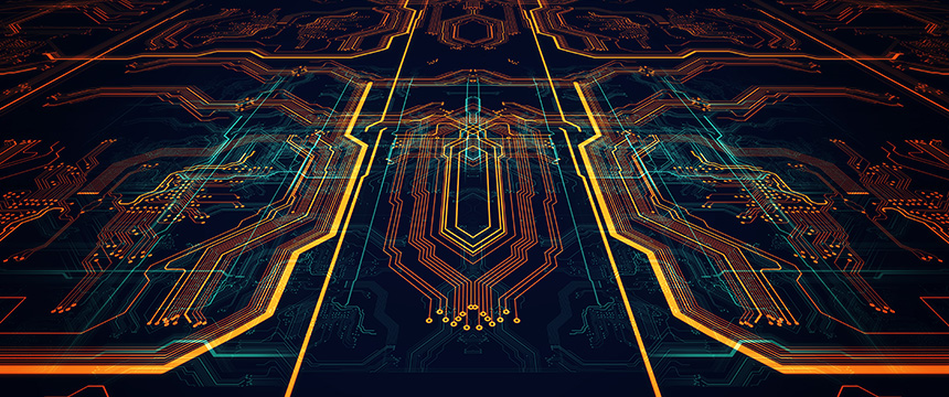 Abstract digital illustration of a circuit board with glowing orange and green lines on a dark background, symbolizing electronic pathways and connections—ideal for topics like intellectual property law or innovation discussed by Chicago lawyers.
