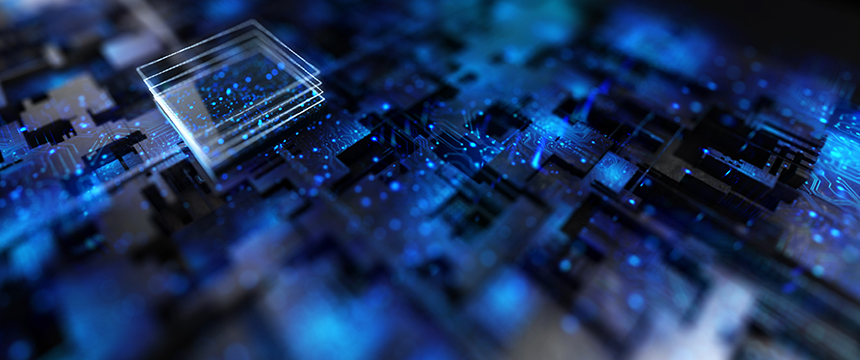 Close-up of a glowing blue computer microchip and circuitry, highlighting digital connections and technology components essential for litigation support used by lawyers in Chicago.