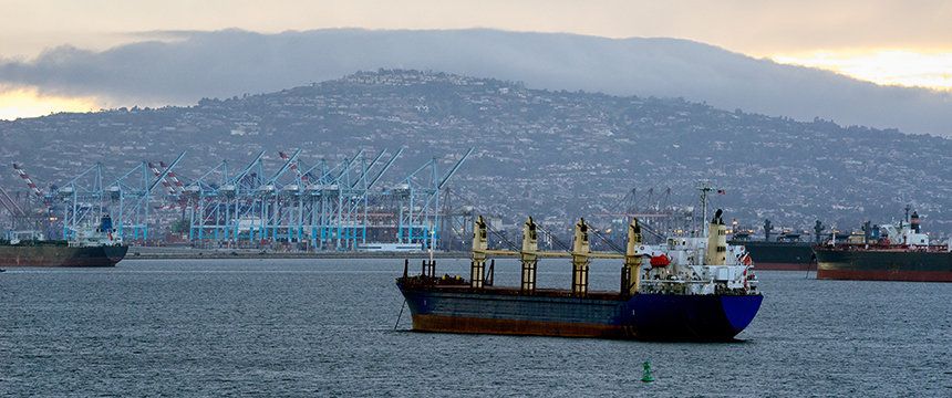 A cargo ship is anchored in a harbor near cranes and shipping containers, with hills rising under a cloudy sky—a busy scene often handled by law offices specializing in maritime contracts and litigation support.