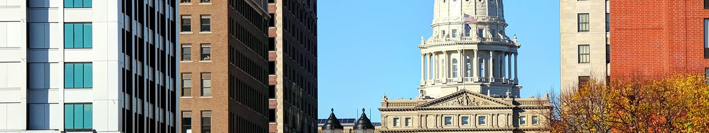 A classical-style government dome rises amid tall modern offices, perhaps home to a leading corporate law office. Autumn trees in the foreground add color to this iconic scene for lawyers in Chicago.