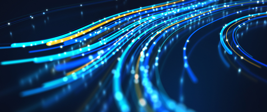 Abstract image showing curved lines of blue, yellow, and white light on a dark background, reminiscent of data streams flowing through a modern corporate law office.