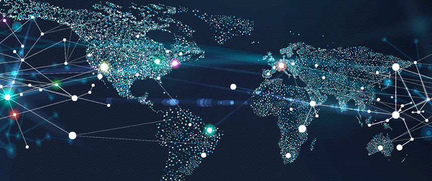 Digital map of the world with glowing dots and lines representing global networks, ideal for a corporate law office or litigation support team, emphasizing worldwide connections—perfect for lawyers in Chicago seeking a global perspective.