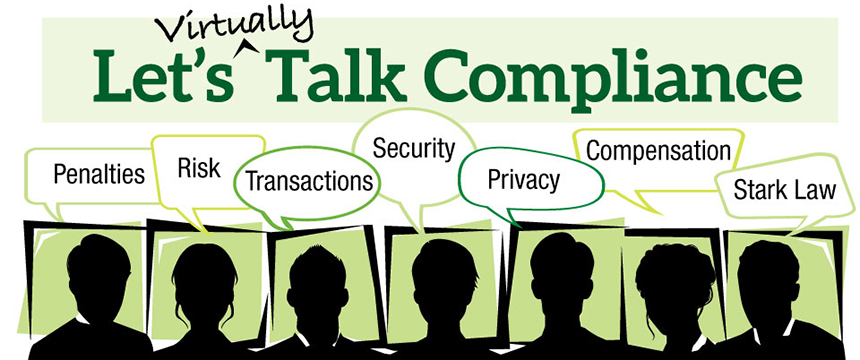 Illustration of people discussing compliance topics like penalties, risk, security, privacy, and Stark Law at a corporate law office, with the heading "Virtually Let's Talk Compliance." Perfect for Chicago lawyers seeking litigation support.