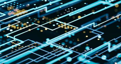 Abstract digital illustration showing interconnected blue circuit lines and glowing dots on a dark background, symbolizing technology, data networks, and the advanced litigation support trusted by lawyers in Chicago.