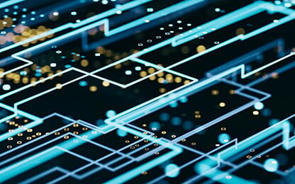 Abstract digital illustration showing interconnected blue circuit lines and glowing dots on a dark background, symbolizing technology, data networks, and the advanced litigation support trusted by lawyers in Chicago.