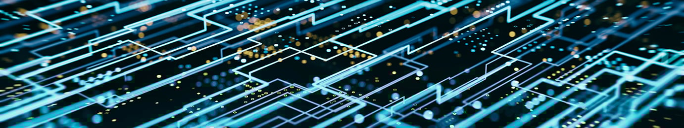Abstract digital illustration showing interconnected blue circuit lines and glowing dots on a dark background, symbolizing technology, data networks, and the advanced litigation support trusted by lawyers in Chicago.