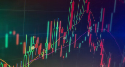 Colorful candlestick chart showing fluctuating financial data with multiple lines and indicators on a dark background, ideal for chicago lawyers seeking insights on intellectual property law or litigation support.