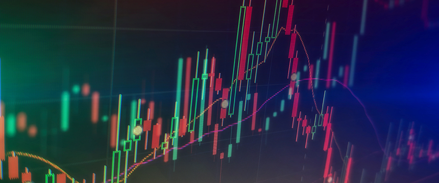 Colorful candlestick chart showing fluctuating financial data with multiple lines and indicators on a dark background, ideal for chicago lawyers seeking insights on intellectual property law or litigation support.