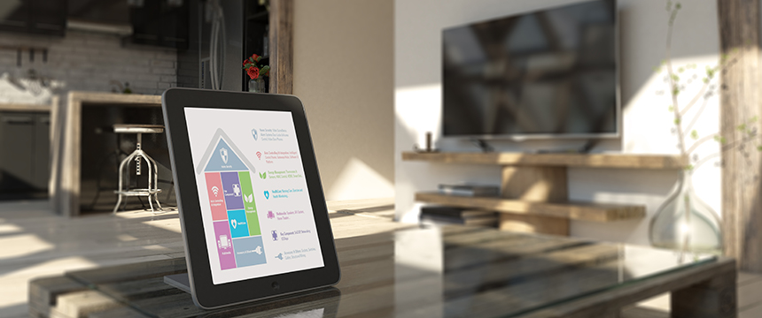 A tablet displaying a home energy chart sits on a glass coffee table in a modern living room, resembling the sleek technology often found in law offices specializing in intellectual property law.