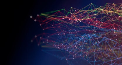 A digital illustration of interconnected multicolored lines and nodes forming a network structure on a dark blue background, symbolizing the dynamic connections within a corporate law office or law offices for lawyers in Chicago.