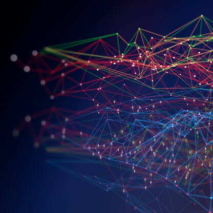 A digital illustration of interconnected multicolored lines and nodes forming a network structure on a dark blue background, symbolizing the dynamic connections within a corporate law office or law offices for lawyers in Chicago.