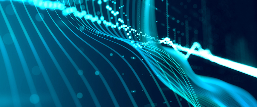 Abstract digital image showing blue, wavy lines and dots resembling data visualization or a graph—perfect for a corporate law office, highlighting the intersection of technology, analytics, and intellectual property law.