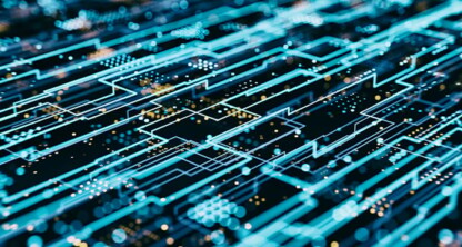 Close-up view of a digital circuit board with glowing blue lines and components, symbolizing data pathways and electronic connections—ideal for illustrating technology in intellectual property law.