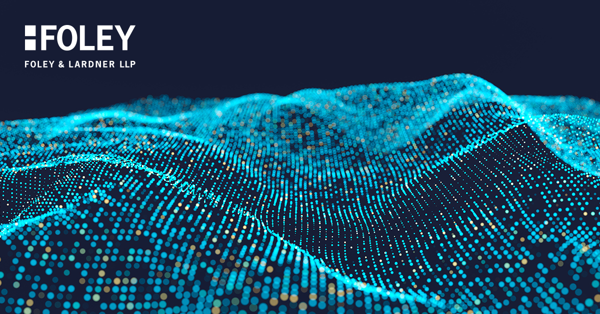 Digital abstract wave pattern with blue and orange dots on a dark background, featuring the Foley & Lardner LLP logo and name in the upper left corner, highlighting leading Chicago lawyers and premier litigation support.
