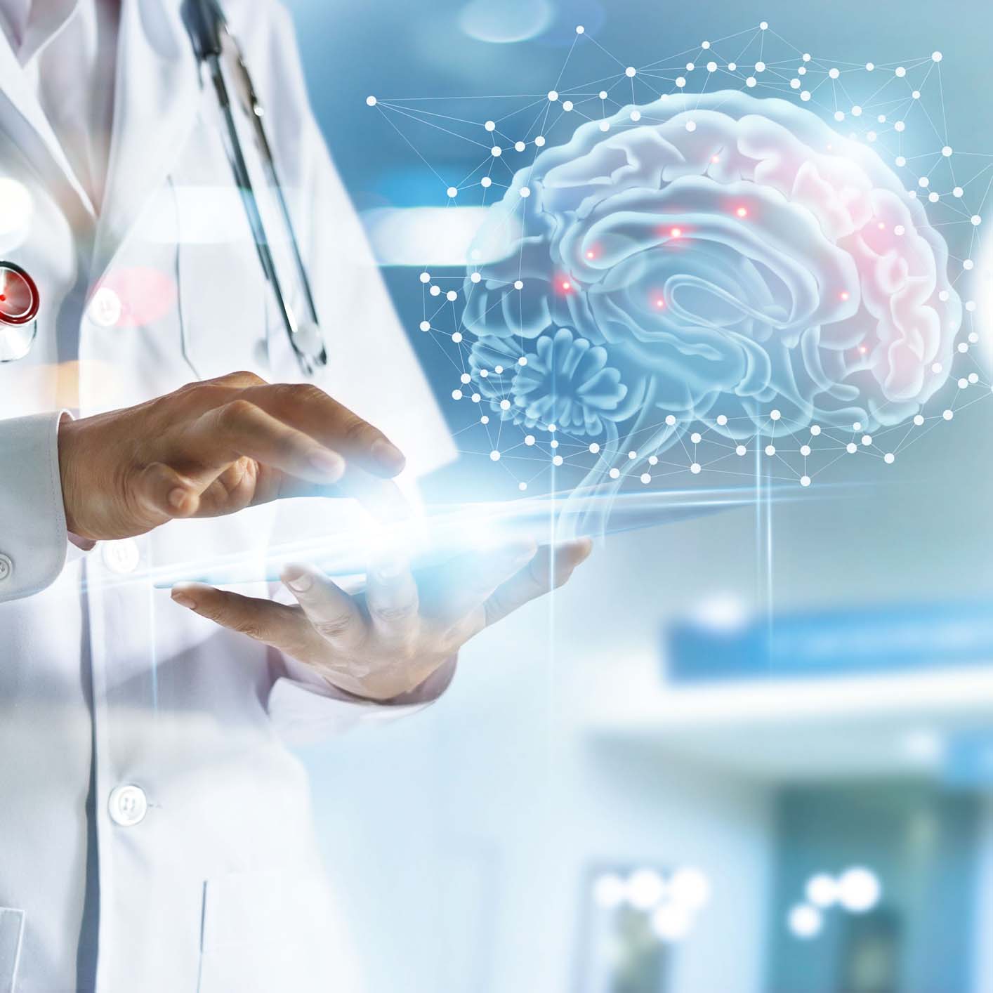 A doctor in a white coat uses a digital tablet, with a holographic brain and network connections displayed above the device—illustrating innovation at the intersection of medicine and intellectual property law.