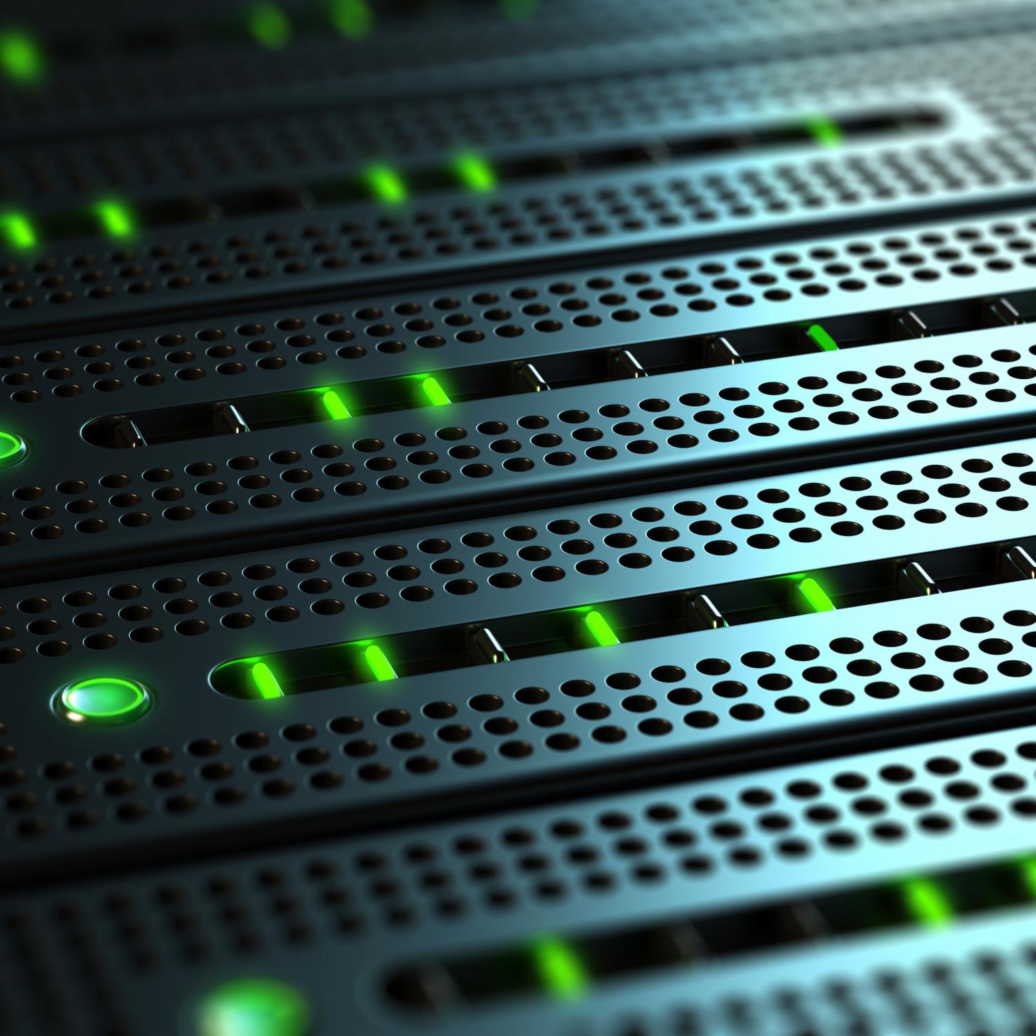 Close-up of several computer server racks with perforated metal panels and glowing green indicator lights, providing secure data solutions essential for chicago lawyers and litigation support.