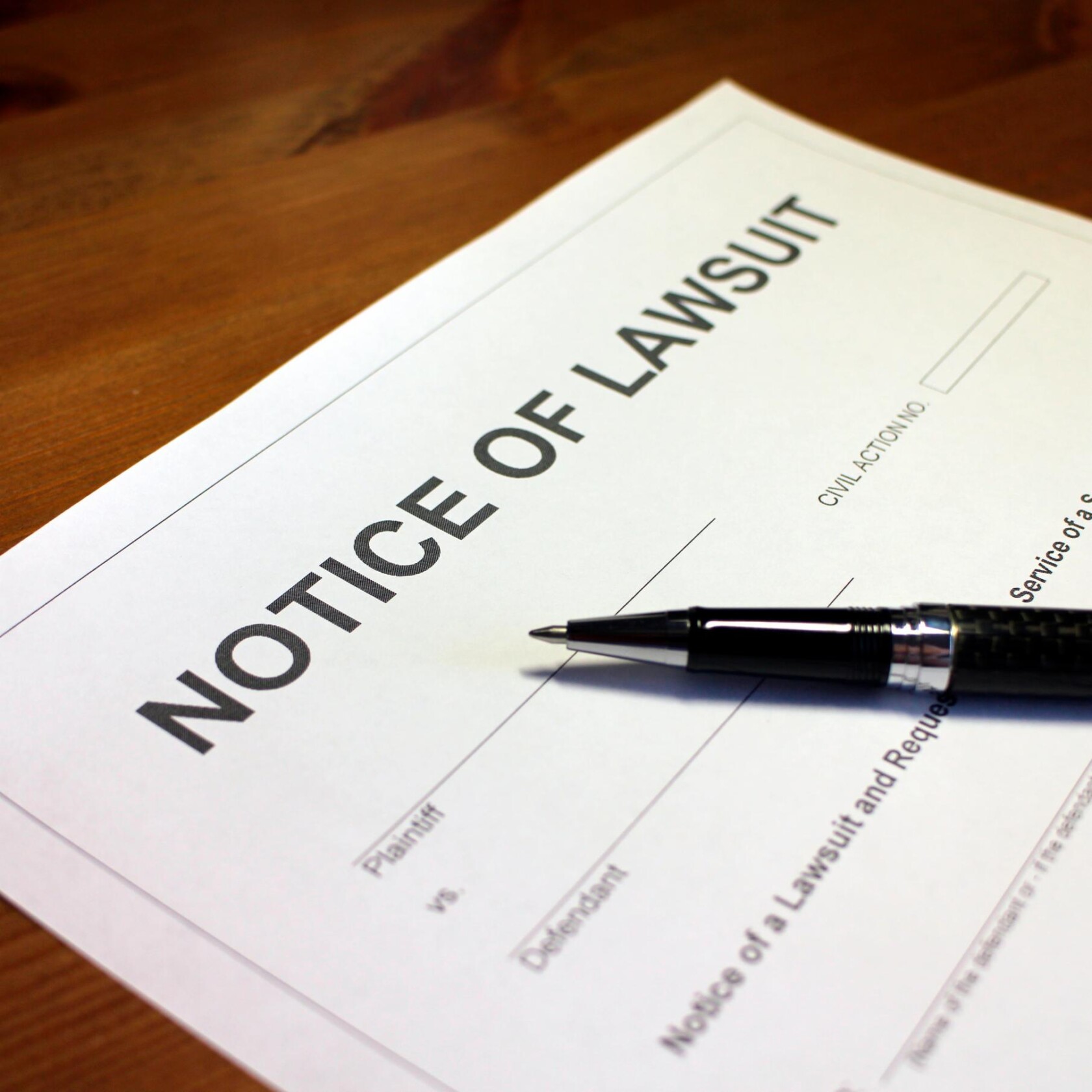 A close-up of a "Notice of Lawsuit" document and a black pen on a wooden surface, often seen in a corporate law office where lawyers in Chicago provide litigation support.