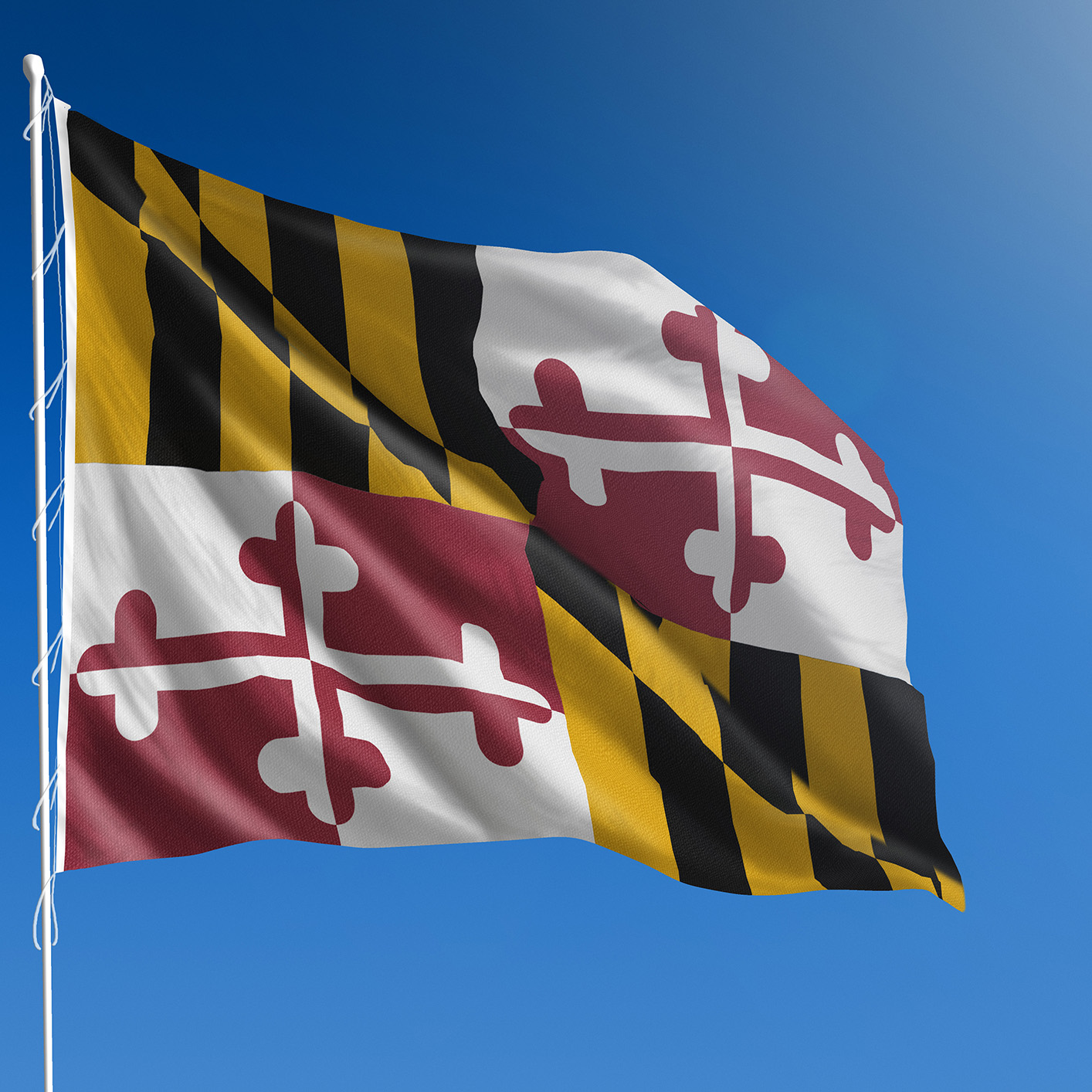 The Maryland state flag with black and gold checkers and red and white crosses flies against a clear blue sky, symbolizing heritage and pride—an inspiring sight outside any corporate law office.